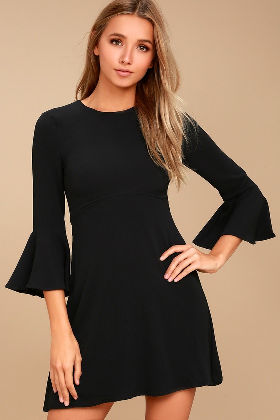 Cute Black Dress - Flounce Sleeve Dress ...